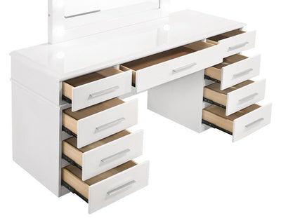 Felicity - 9-Drawer Vanity Desk With Lighted Mirror - Glossy White.