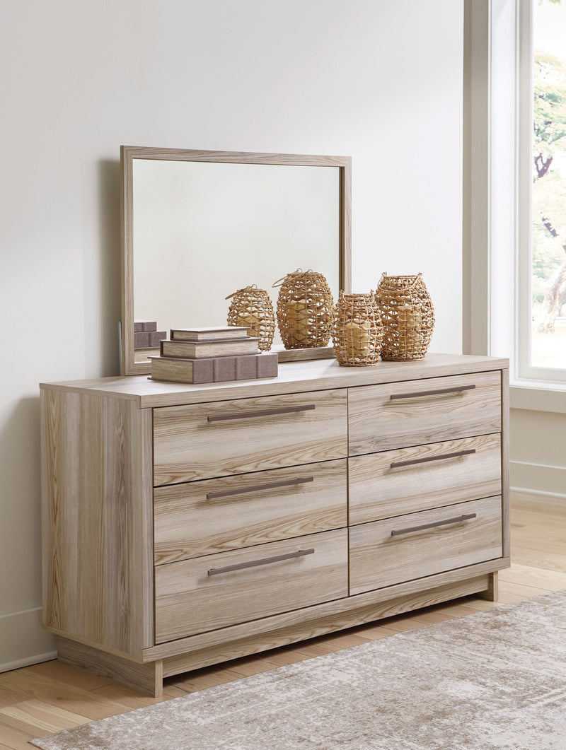 Hasbrick - Tan - 6 Pc. - Dresser, Mirror, Chest, King Slat Panel Bed