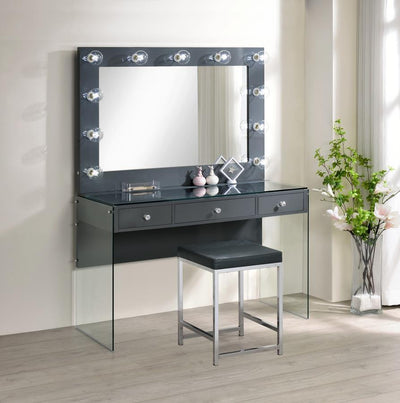 Afshan - 3-Drawer Vanity Desk With Lighting Mirror - Grey High Gloss.