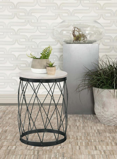 Tereza - Round Accent Table With Marble Top - White and Black.