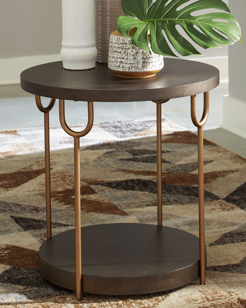 Brazburn - Dark Brown / Gold Finish - Round End Table.