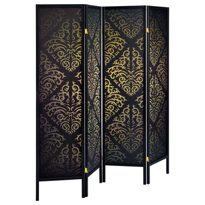 Haidera - 4-panel Damask Pattern Folding Screen - Black - Room Dividers - Grand Furniture GA