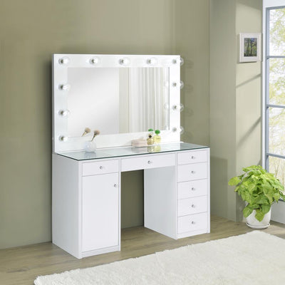 Percy - 7-Drawer Glass Top Vanity Desk With Lighting - White.