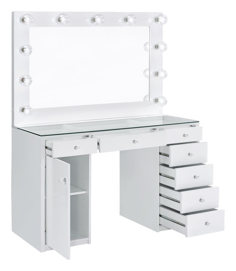 Percy - 7-Drawer Glass Top Vanity Desk With Lighting - White.