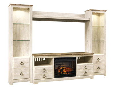 Willowton - Whitewash - Entertainment Center - TV Stand With Faux Firebrick Fireplace Insert.