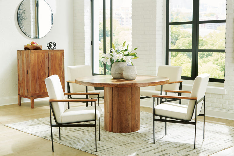 Dressonni - Brown - 6 Pc. - Roun Dining Table, 4 Arm Chairs, Bar Cabinet