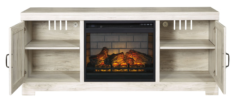 Bellaby - Whitewash - 63" TV Stand With Faux Firebrick Fireplace Insert.