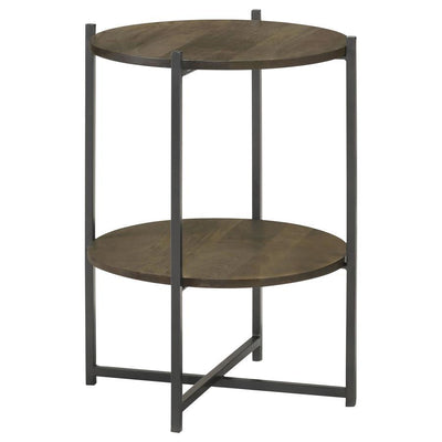 Axel - Round Accent Table With Open Shelf - Natural and Gunmetal.