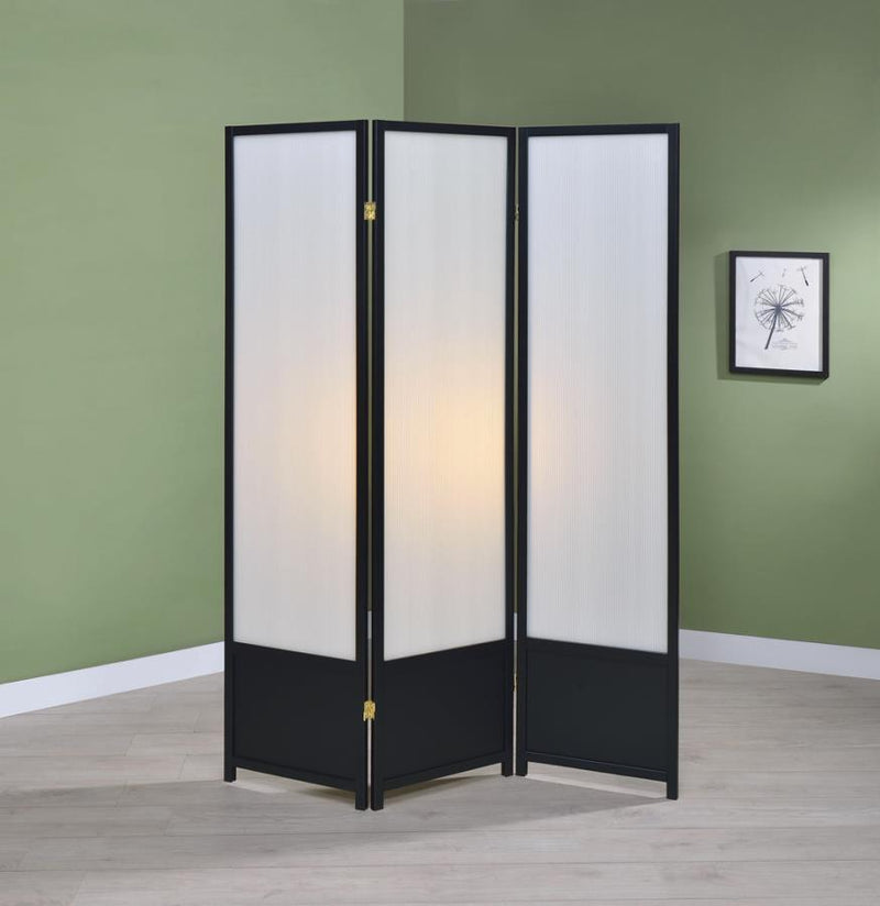 Calix - 3-Panel Folding Floor Screen - Translucent And Black - Room Dividers - Grand Furniture GA