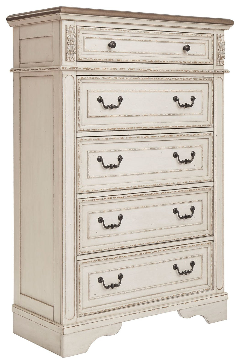 Realyn - White / Brown / Beige - Five Drawer Chest.